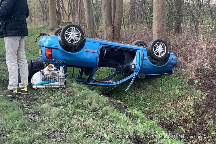 Vrouw raakt afgeleid door losgeschoten hond: auto belandt op z&#39;n kop in Heerhugowaard